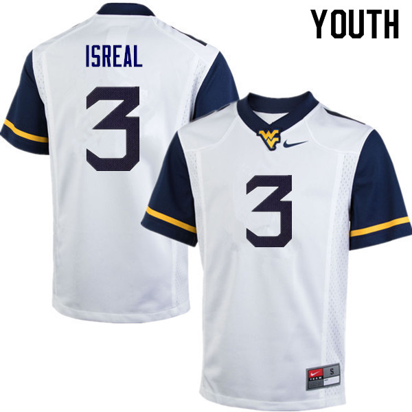 Youth #3 David Isreal West Virginia Mountaineers College Football Jerseys Sale-White - Click Image to Close